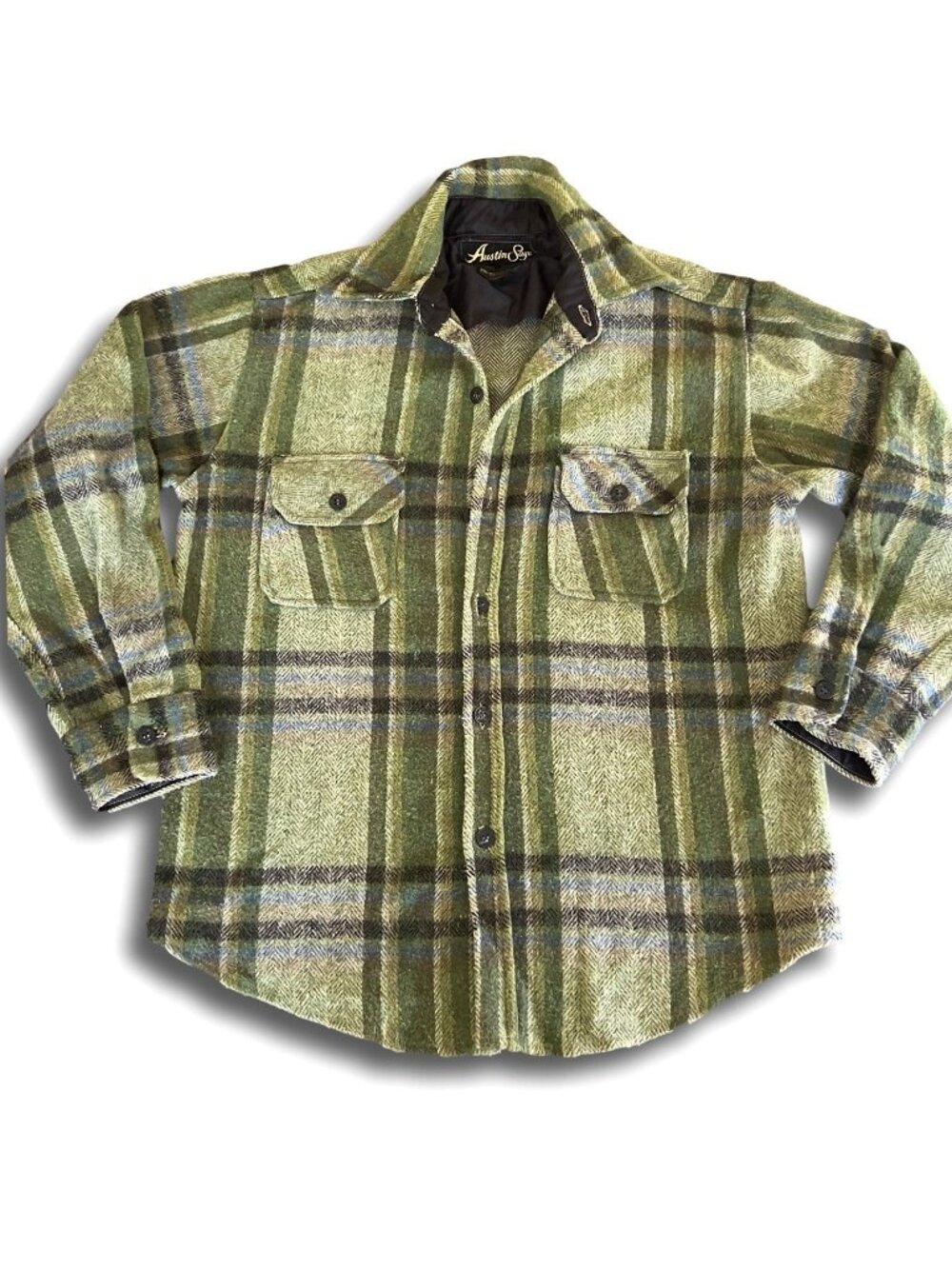 Vintage 70s Austin Sage Plaid Wool Shacket Jacket Medium Green Heavy